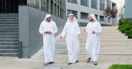 Rich and confident. Full length view of the three islamic men having conversation with each other...