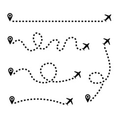 Conjunto de icono de ruta de viaje. Concepto de ubicación, punto de partida y llegada, destino. Mapa. Ilustración vectorial, diferentes estilos de ruta de avión © Frank