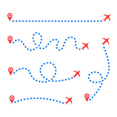 Conjunto de icono de ruta de viaje. Concepto de ubicación, punto de partida y llegada, destino. Mapa. Ilustración vectorial, diferentes estilos de ruta de avión