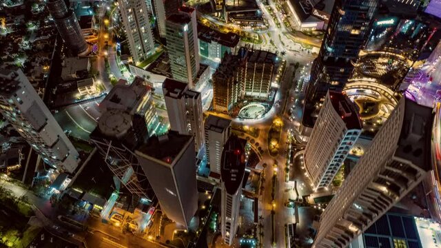 Metropolis Hyperlapse of Corporate and residential buildings in Andares Guadalajara at night aerial drone 4k