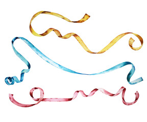 Satin ribbons. Watercolor drawing. New year, christmas, birthday.