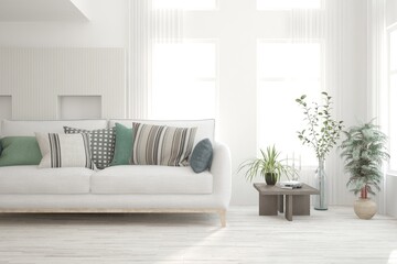 White living room with sofa. Scandinavian interior design. 3D illustration