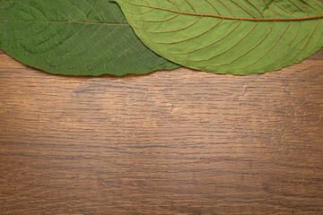 Top view of Mitragyna Speciosa or Kratom leaves on a wooden table background with copy space for...