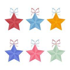 Obraz premium Stars. A set of Christmas tree toys of different colors, in the shape of stars. Christmas toys stars. Toys for Christmas pine trees. Vector illustration on a white background