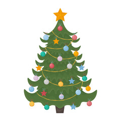 Christmas tree. A bright Christmas tree decorated with festive toys, a garland and a golden star on the top of the head. Christmas pine tree vector illustration isolated on a white background