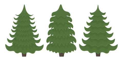 Christmas trees. A set of three Christmas trees of different shapes. Green fir trees. Three pine trees vector illustration on a white background