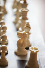 white chess pieces on the board in contour light