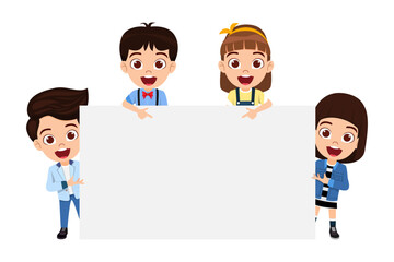 Happy cute kid boy and girl characters set holding blank book isolated and pointing to