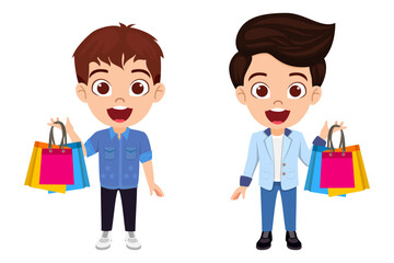 Happy cute kid boy characters holding shopping bags isolated in different size