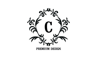 Exquisite company brand sign with letter C. Black and white logo for cafe, bar, restaurant, invitation, wedding. Business style.