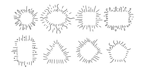 Hand drawn decorative starburst frame set. Outline shining star with geometric frames and copy space. Minimal explosion firework. Contour line sketch of radial sunbeams. Vector isolated template