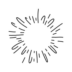 Hand drawn decorative starburst. Outline shining star with round frame and copy space. Isolated minimal explosion or firework. Contour line sketch of radial sunbeams. Vector template