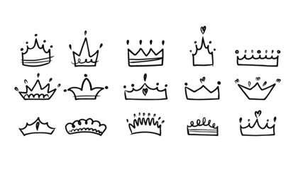 Crown set. Hand drawn king and queen, prince and princess head accessory, ink drawing logo, emblem or badge template, doodle black collection, luxury royal symbol, vector isolated illustration