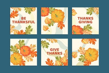 golden leaves hand drawn thanksgiving instagram posts vector design illustration