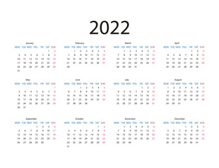 2022 year, calendar. Vector illustration. Weeks start on Monday.