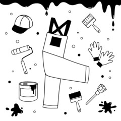Working professional tools, painter's clothing. Vector set on an isolated white background. Doodle illustrations of repair items are suitable for stickers, printing.