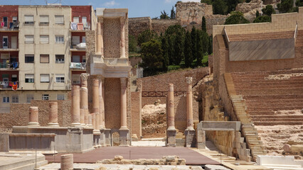 the entrance of the Roman Theater with the columns,  Cartagena, Region of Murcia, Spain