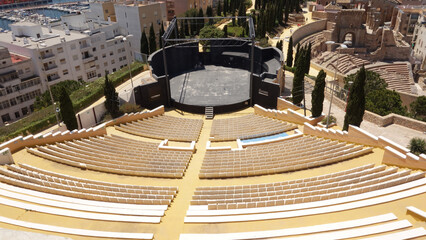 the modern Torres Park Audiotorium above the ancient Roman Theatre, Cartagena, Region of Murcia, Spain