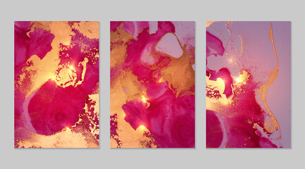 Marble set of gold, pink and fuschia backgrounds with texture. Geode pattern with glitter. Abstract vector backdrops in fluid art alcohol ink technique. Modern paint with sparkles for banner, poster