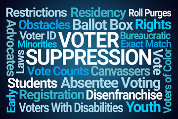 Voter Suppression Word Cloud on Blue Background - 459302788