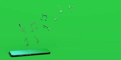 Music notes coming out of smartphone. Music in the cloud. Copy space. 3D illustration.