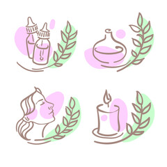Aromatherapy vector set. Health and beauty. Herbs incense oils. Set of icons lineart flat style. Two colors pink, green.