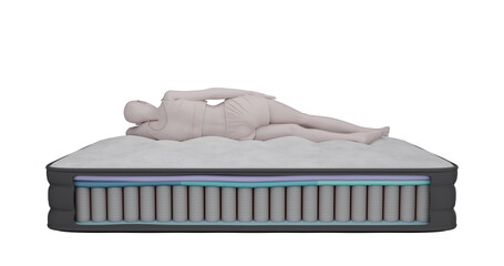 3d illustration rendering the inner part of the mattress composition with elastic layers of foam, springs, a cut in the center of the cover, a stylized figure of a woman, a human lies on top. - obrazy, fototapety, plakaty