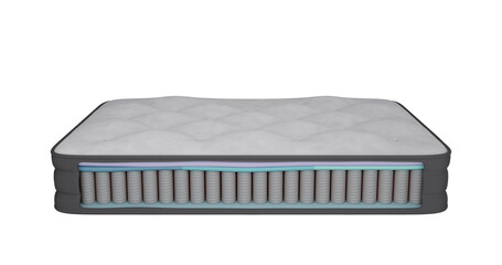 3d illustration rendering of the inner part of the mattress composition with foam layers, spring block, polyurethane foam layer, inserts, rectangular section on the front side of the cover