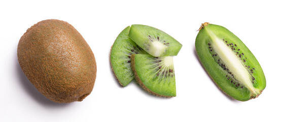 Fototapeta premium Kiwi and slices of ripe juicy kiwi isolated on white background. View from above.
