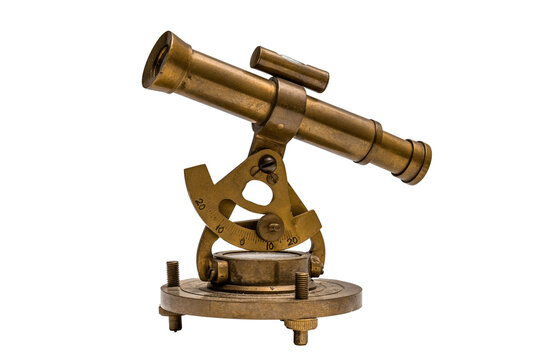 A sextant is a marine navigation instrument on white background which is used to measure the angle between two objects.