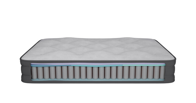 3d Illustration Rendering Of The Inner Part Of The Mattress Composition With Foam Layers, Spring Block, Polyurethane Foam Layer, Inserts, Rectangular Section On The Front Side Of The Cover