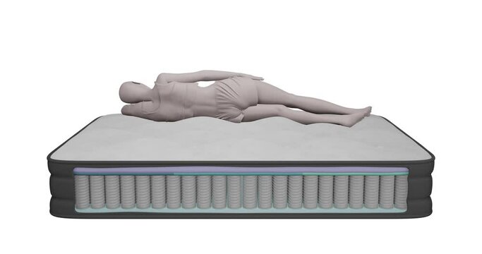 3d animation rendering of the inner part of the mattress composition, a layer of foam, springs, a stylized figure of a woman, a human lies on top. The arrows show the supporting function of the mattre