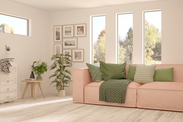 Autumn living room with sofa and yellow landscape in window. Scandinavian interior design. 3D illustration