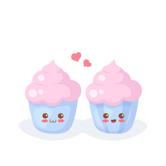 Kawaii cartoon Cupcakes with cherry or strawberry flavor whipped cream isolated on white background. Happy characters. Cute food flat vector illustration. Adorable dessert for print, card, kids menu.