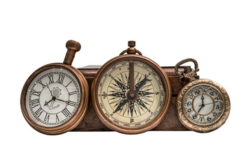 Fototapeta na wymiar Watches And Compass Pendant On White Background