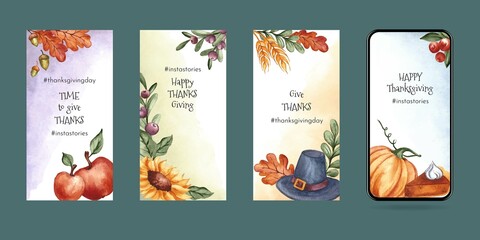 watercolor thanksgiving instagram stories set vector design illustration