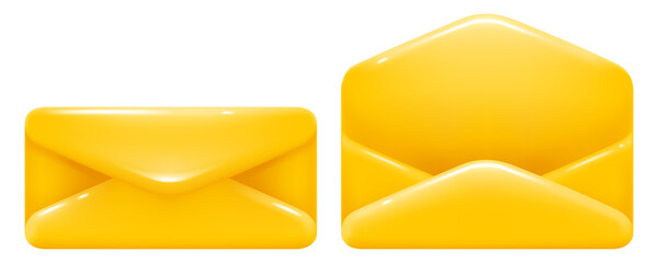Postal yellow open and closed envelope in 3d minimalist style. Bright glossy and convex mail icon isolated on white background. Vector illustration.