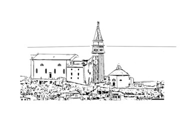 Building view with landmark of Koper is a port city in Slovenia. Hand drawn sketch illustration in vector.