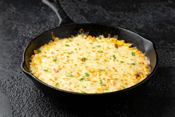 Korean Corn Cheese in cast iron skillet frying pan