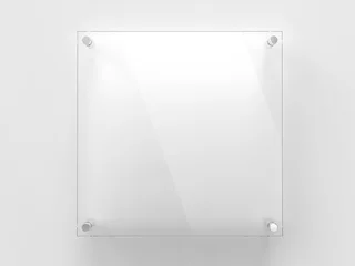 Fotobehang Blank square transparent glass office corporate Signage plate Mock Up Template, Clear Printing Board For Branding, Logo. Transparent acrylic advertising signboard mockup front view. 3D rendering © MTX