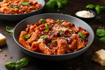 Traditional Italian Pasta e fagioli with bean, tomato and parmesan cheese