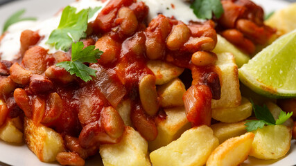 Spicy Bean Chilli with Baked Potato, sour cream and lime. Healthy Food