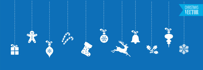 Christmas ornamente elements hanging. Christmas garland with xmas symbol. Isolated vector.