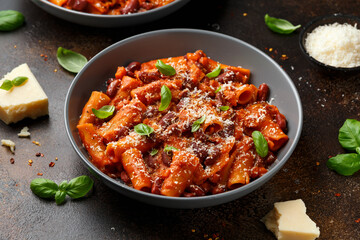 Traditional Italian Pasta e fagioli with bean, tomato and parmesan cheese