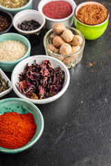 spices mix seasoning different types pungent and spicy herbs, ground spice fresh portion ready to eat meal snack on the table copy space food background rustic 