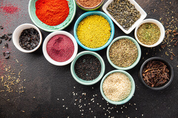 spices mix seasoning different types pungent and spicy herbs, ground spice fresh portion ready to eat meal snack on the table copy space food background rustic 
