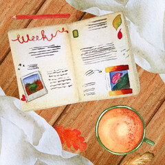 Workplace with a diary and a cup of tea, top view. Watercolor flatlet with planner on a wooden surface.
