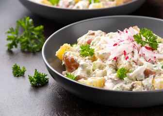 Potato salad with celery, green onion, radish, dill and eggs