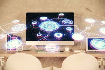 Double exposure of social network theme drawing and office interior background. Concept of web.