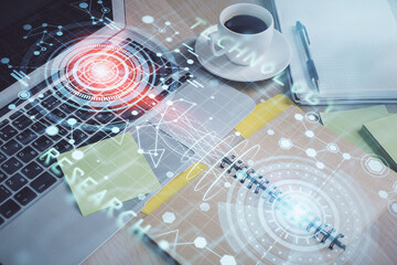 Multi exposure of technology theme drawing and desktop with coffee and items on table background. Concept of data research.